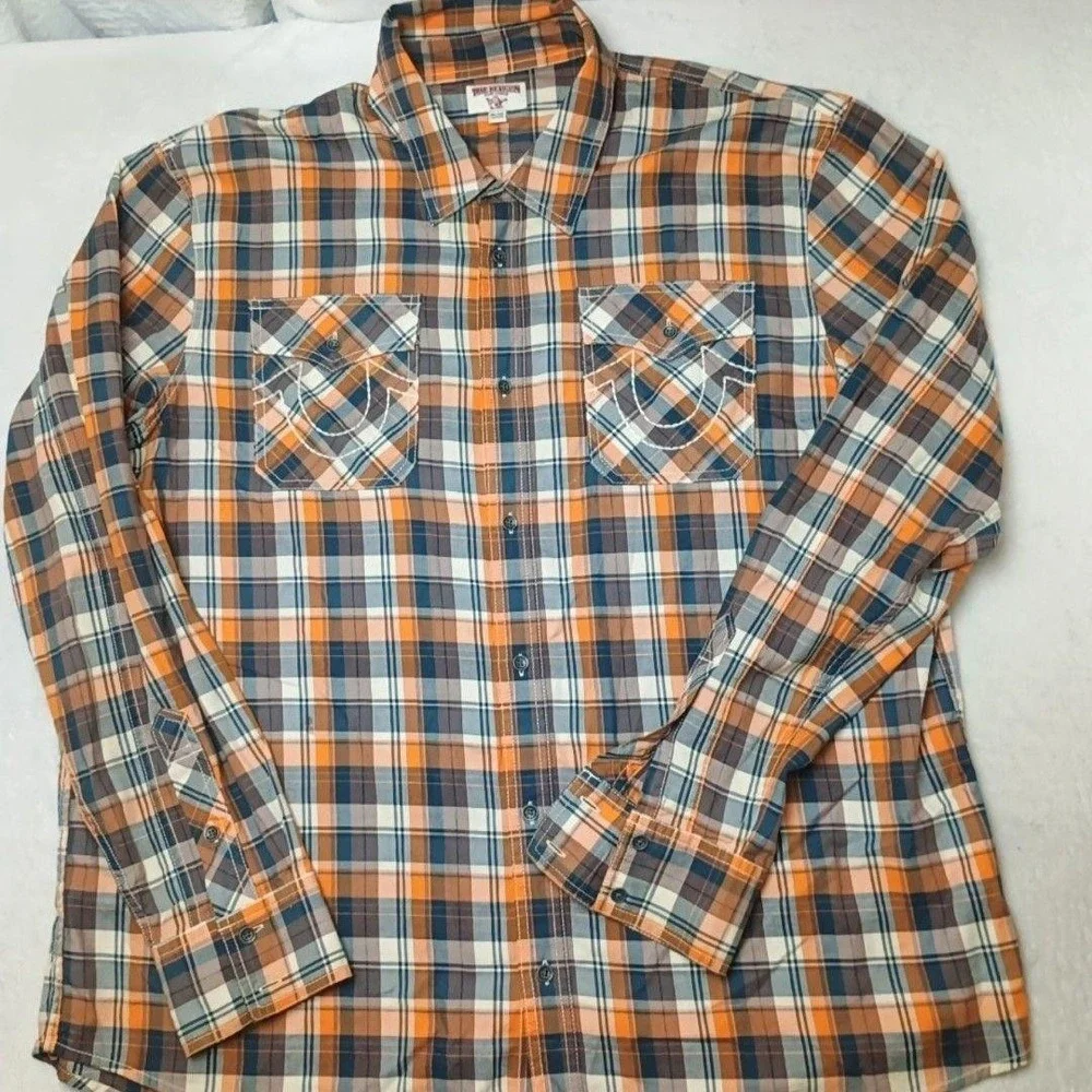 True Religion Shirt Mens 3XL Orange Plaid Button-Up Long Sleeve School Work